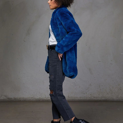 blue faux fur lovestitch coat side view