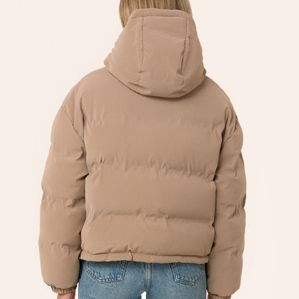 beige neutral puffer jacket lovestitch back view