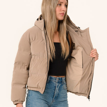 taupe beige puffer jacket lovestitch front view