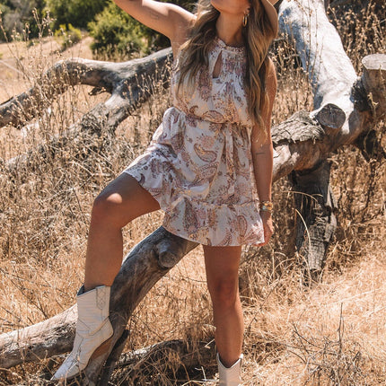 Boho Golden Hour Mini Dress dusty rose paisley print