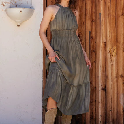 Khaki Smocked Halter Maxi Dress