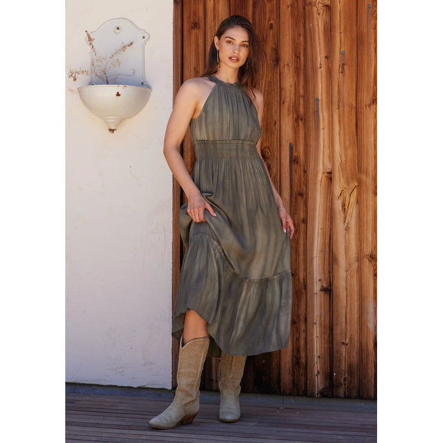 Khaki Smocked Halter Maxi Dress